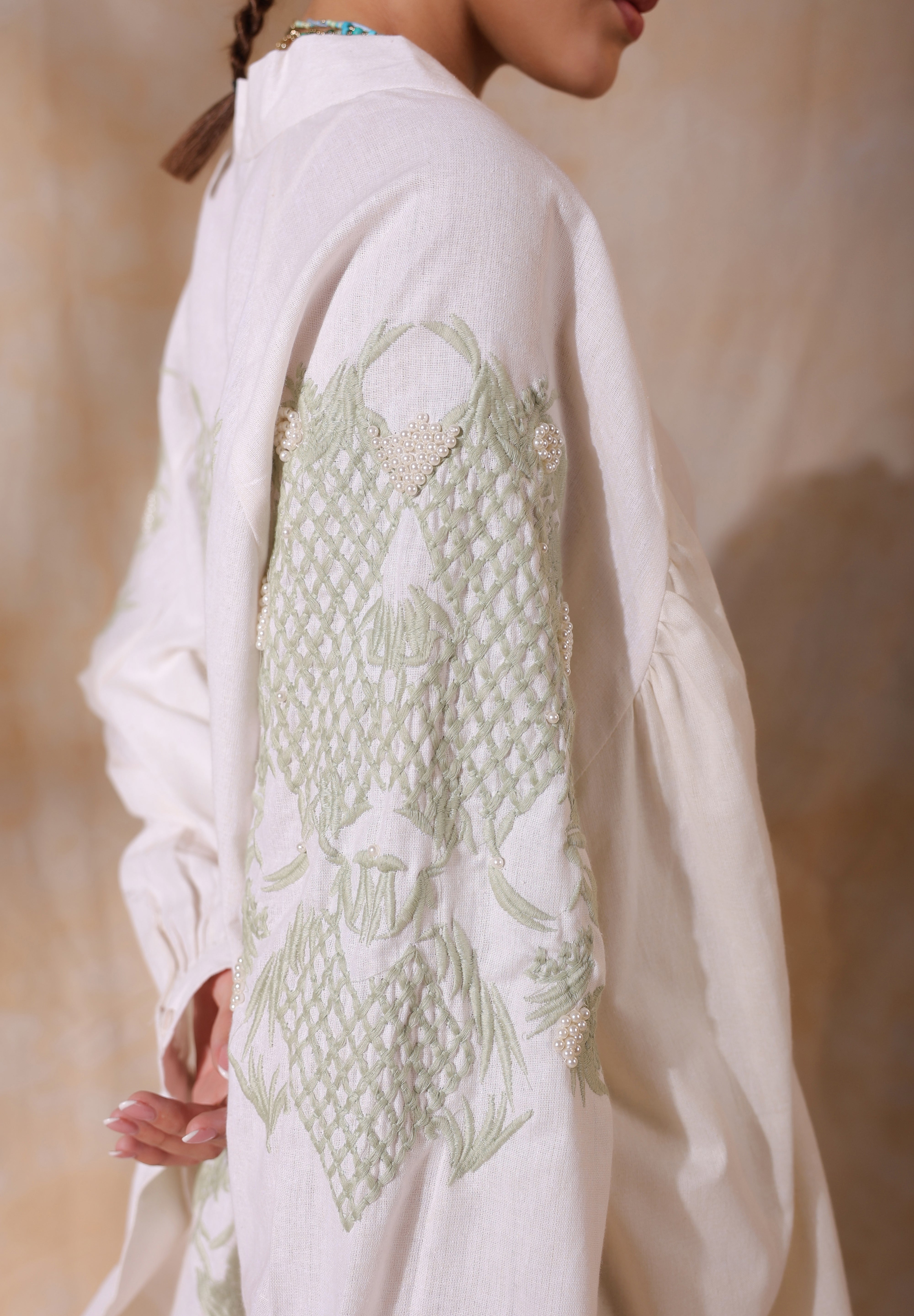 Women Green Cotton Flex Linen Blue Embroidery With Hand Work Co-Ord Set
