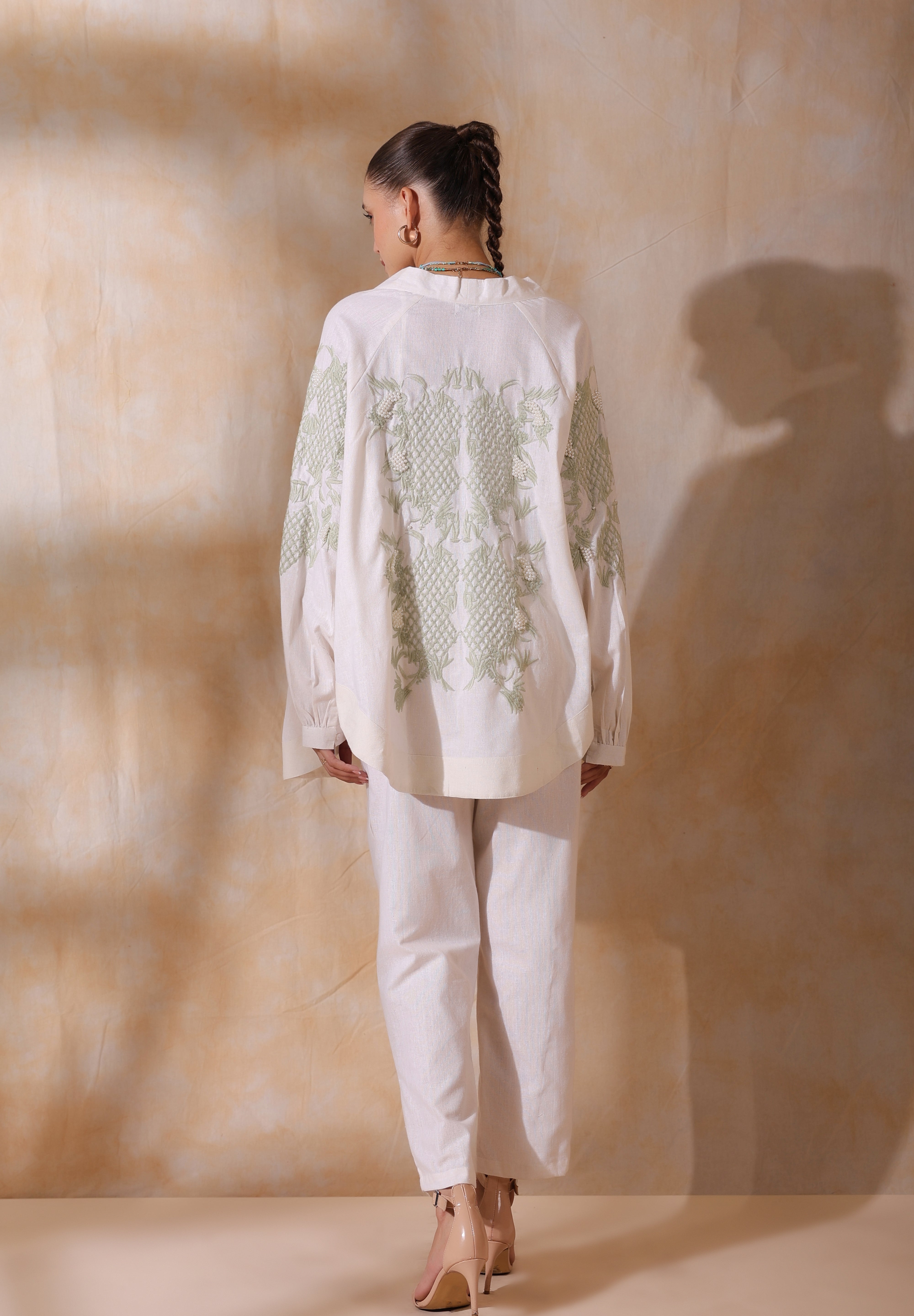 Women Green Cotton Flex Linen Blue Embroidery With Hand Work Co-Ord Set