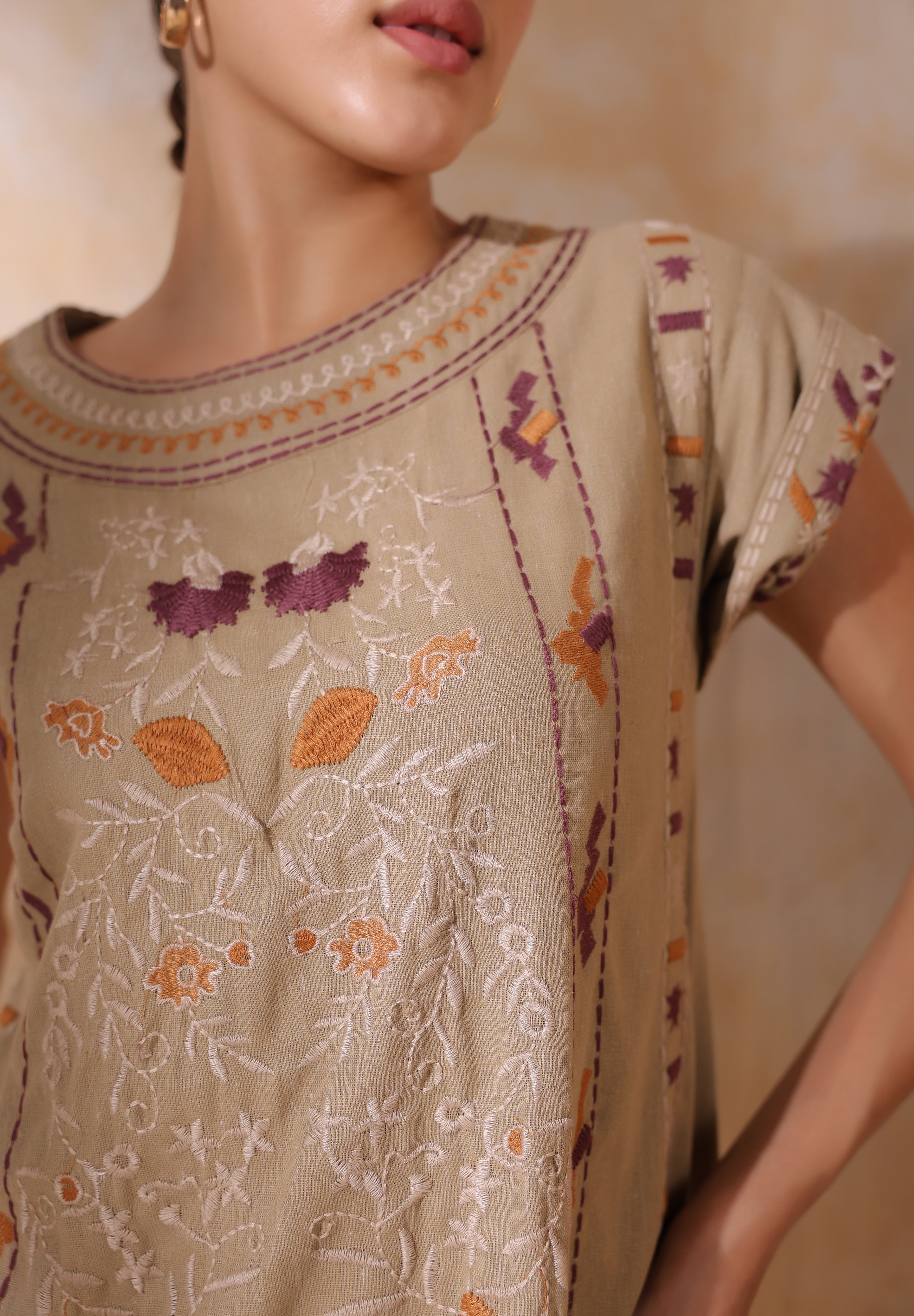 Women Khaki Cotton Flex Linen Front Embroidery Dress