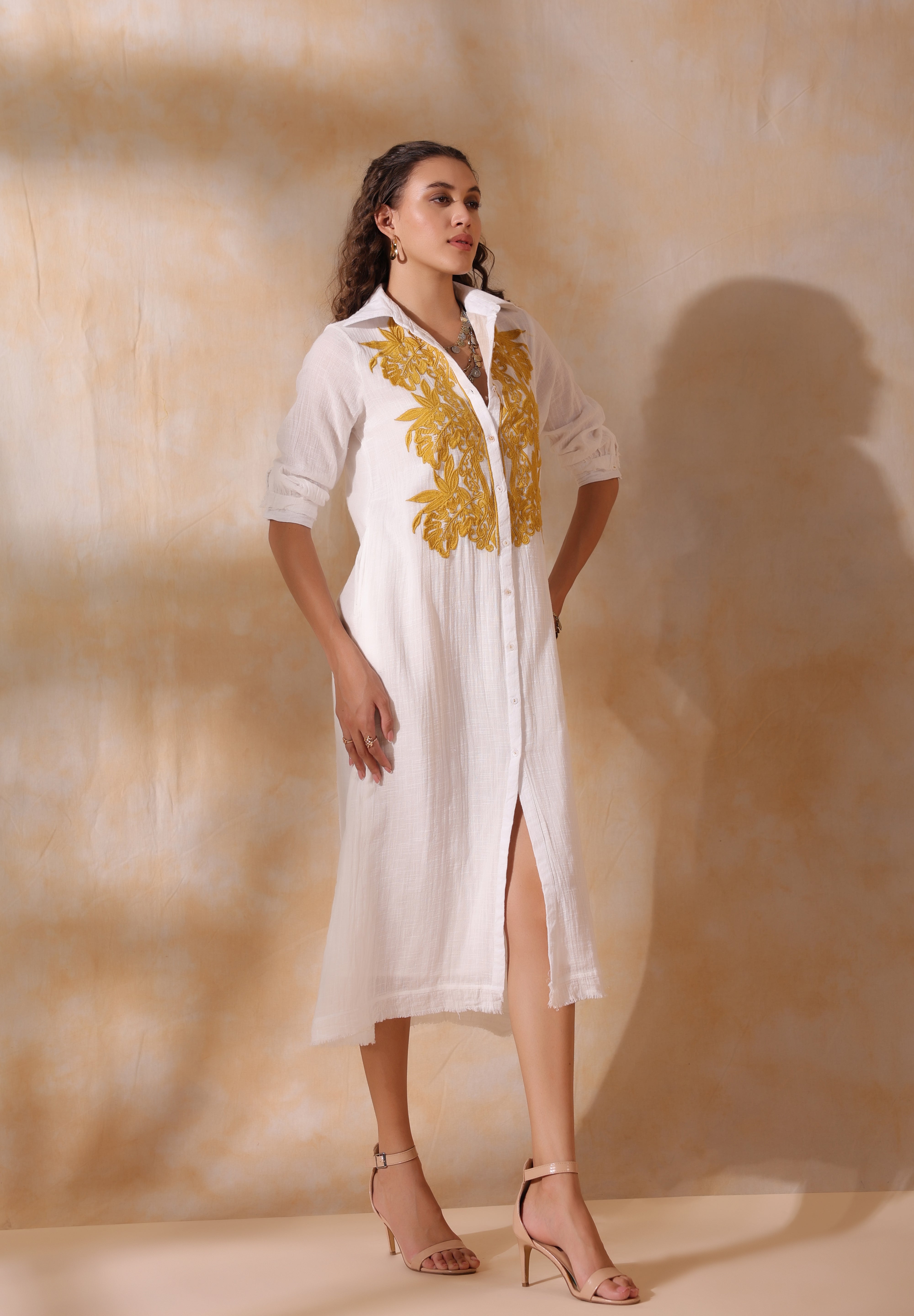 Women White Cotton Slub Embroidered Button Down Shirt Maxi Dress