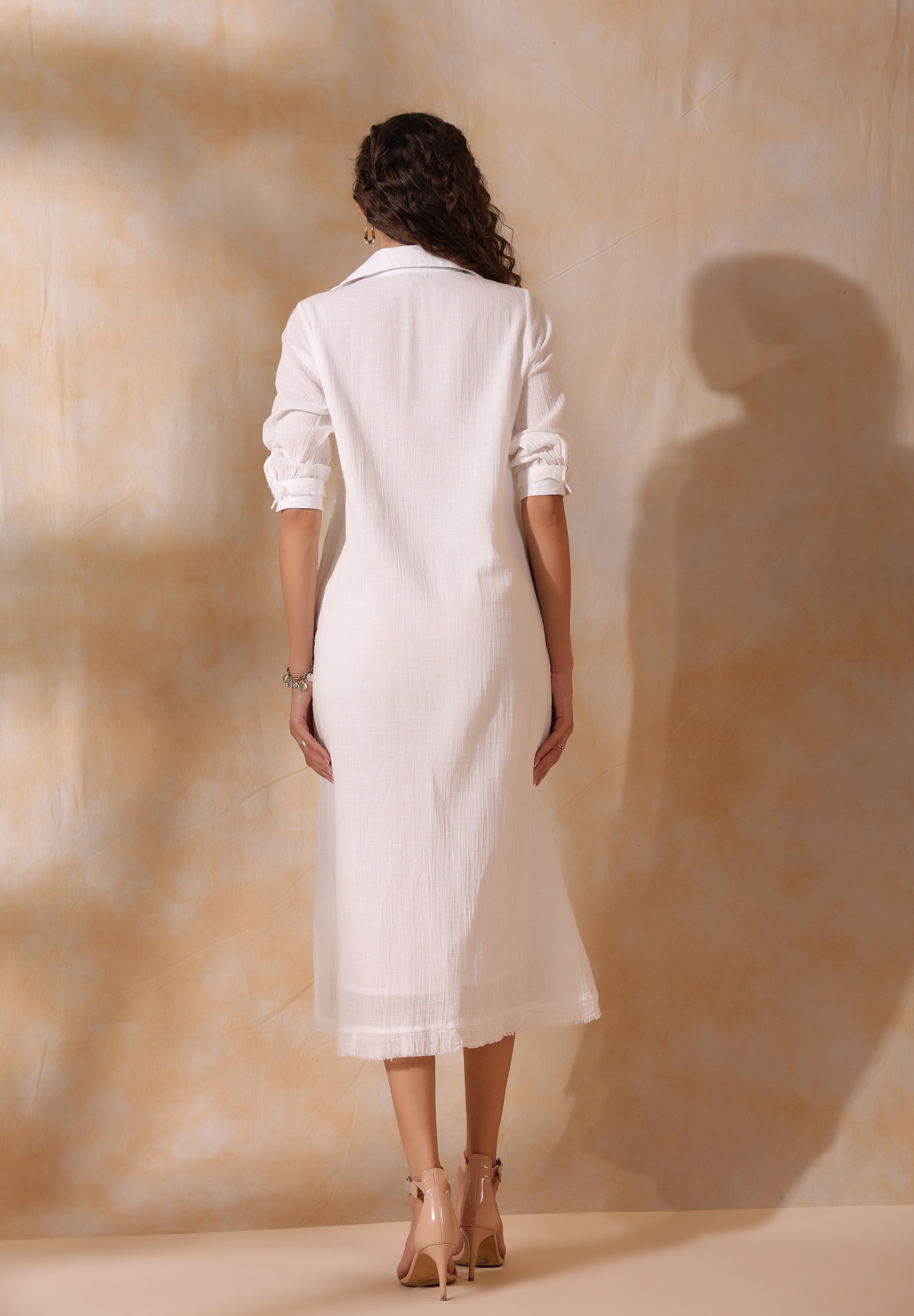 Women White Cotton Slub Embroidered Button Down Shirt Maxi Dress