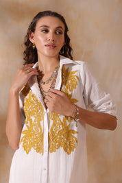 Women White Cotton Slub Embroidered Button Down Shirt Maxi Dress