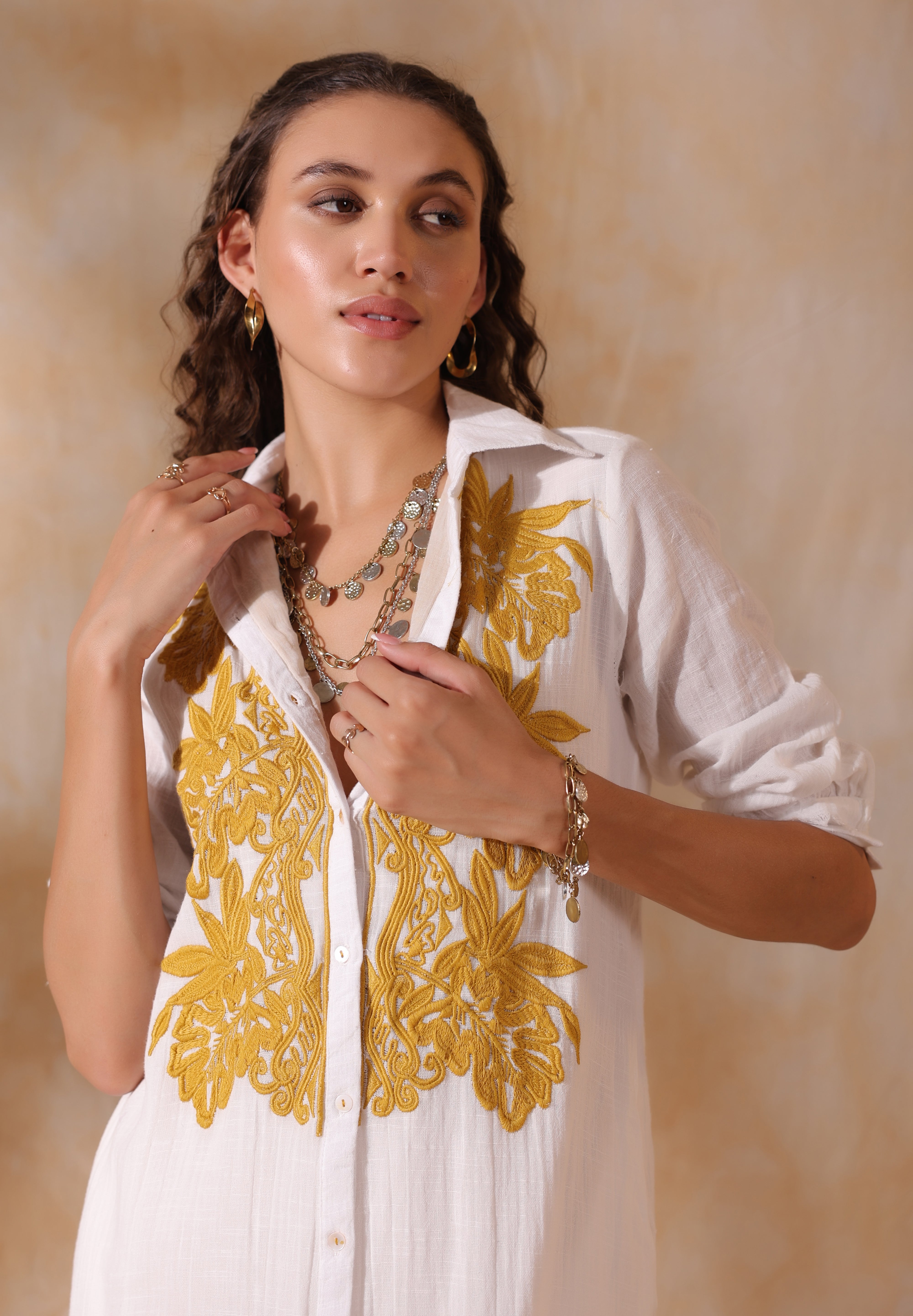 Women White Cotton Slub Embroidered Button Down Shirt Maxi Dress