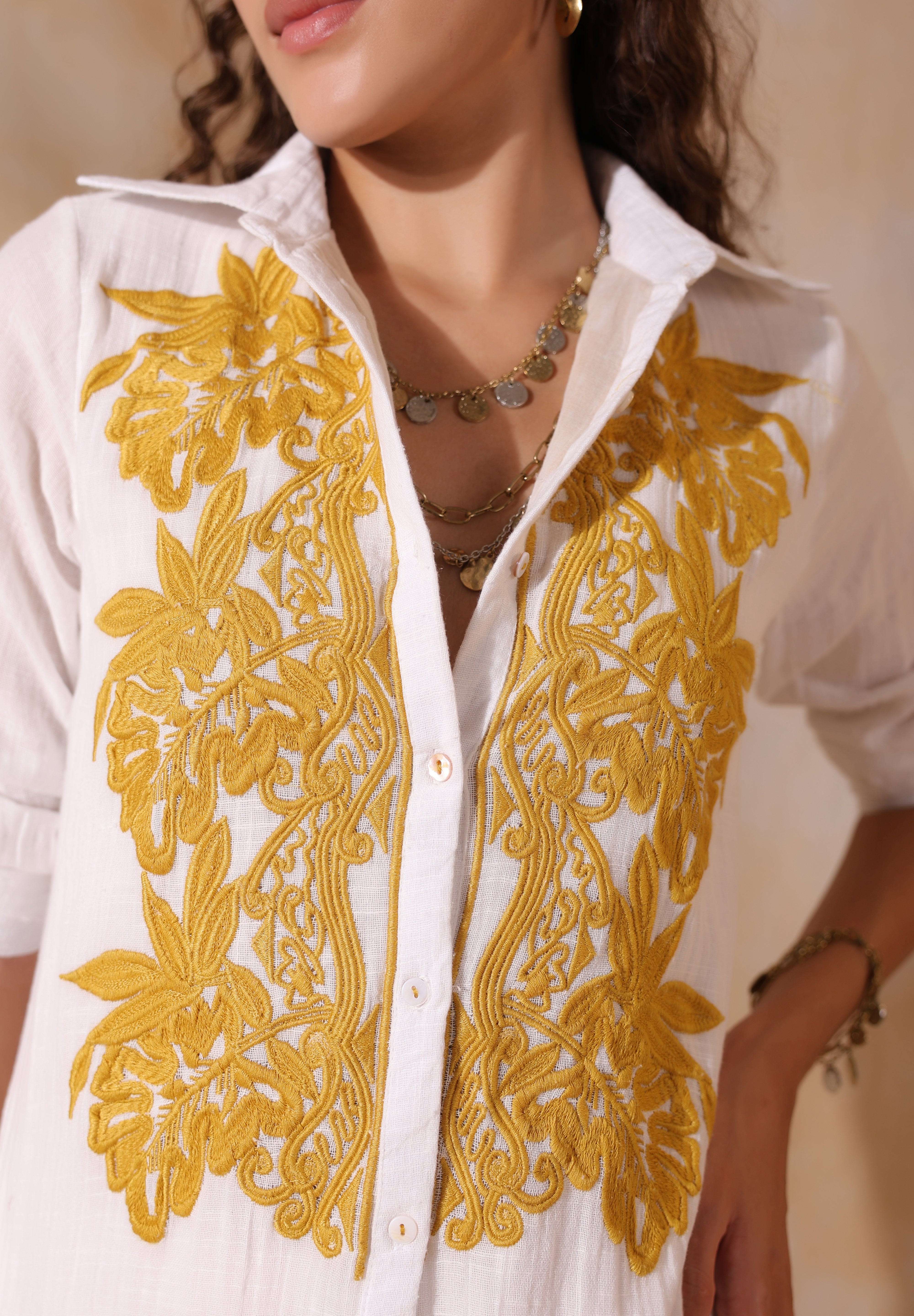 Women White Cotton Slub Embroidered Button Down Shirt Maxi Dress