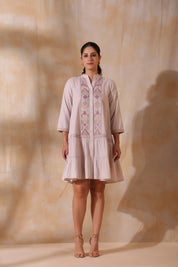 Women Rose Pink Cotton Flex Linen Embroidery Fril Dress