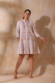 Women Rose Pink Cotton Flex Linen Embroidery Fril Dress