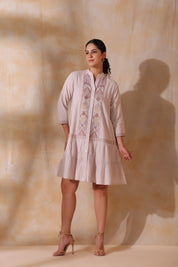 Women Rose Pink Cotton Flex Linen Embroidery Fril Dress