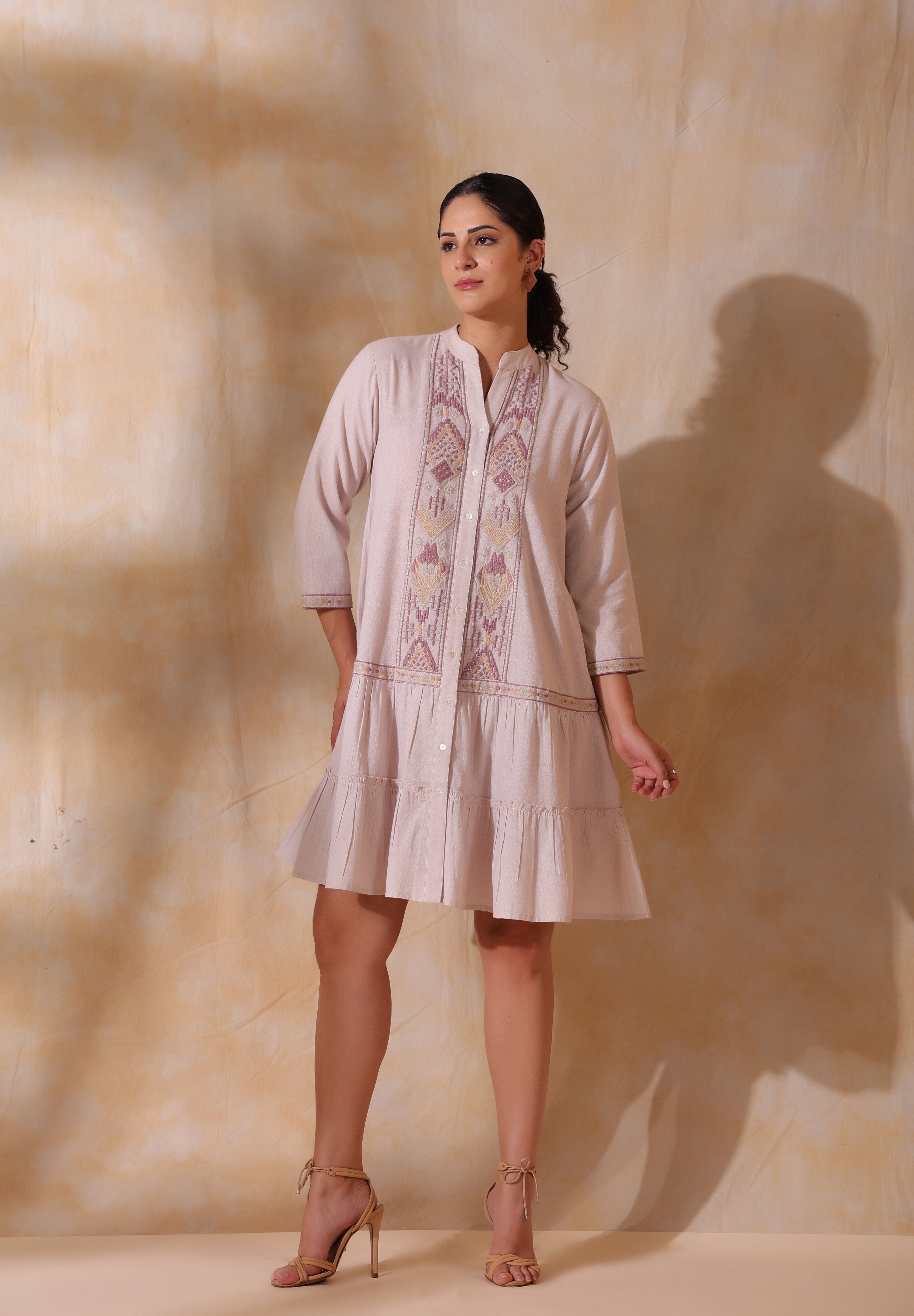 Women Rose Pink Cotton Flex Linen Embroidery Fril Dress