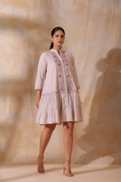Women Rose Pink Cotton Flex Linen Embroidery Fril Dress