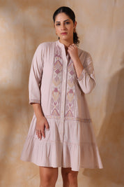 Women Rose Pink Cotton Flex Linen Embroidery Fril Dress