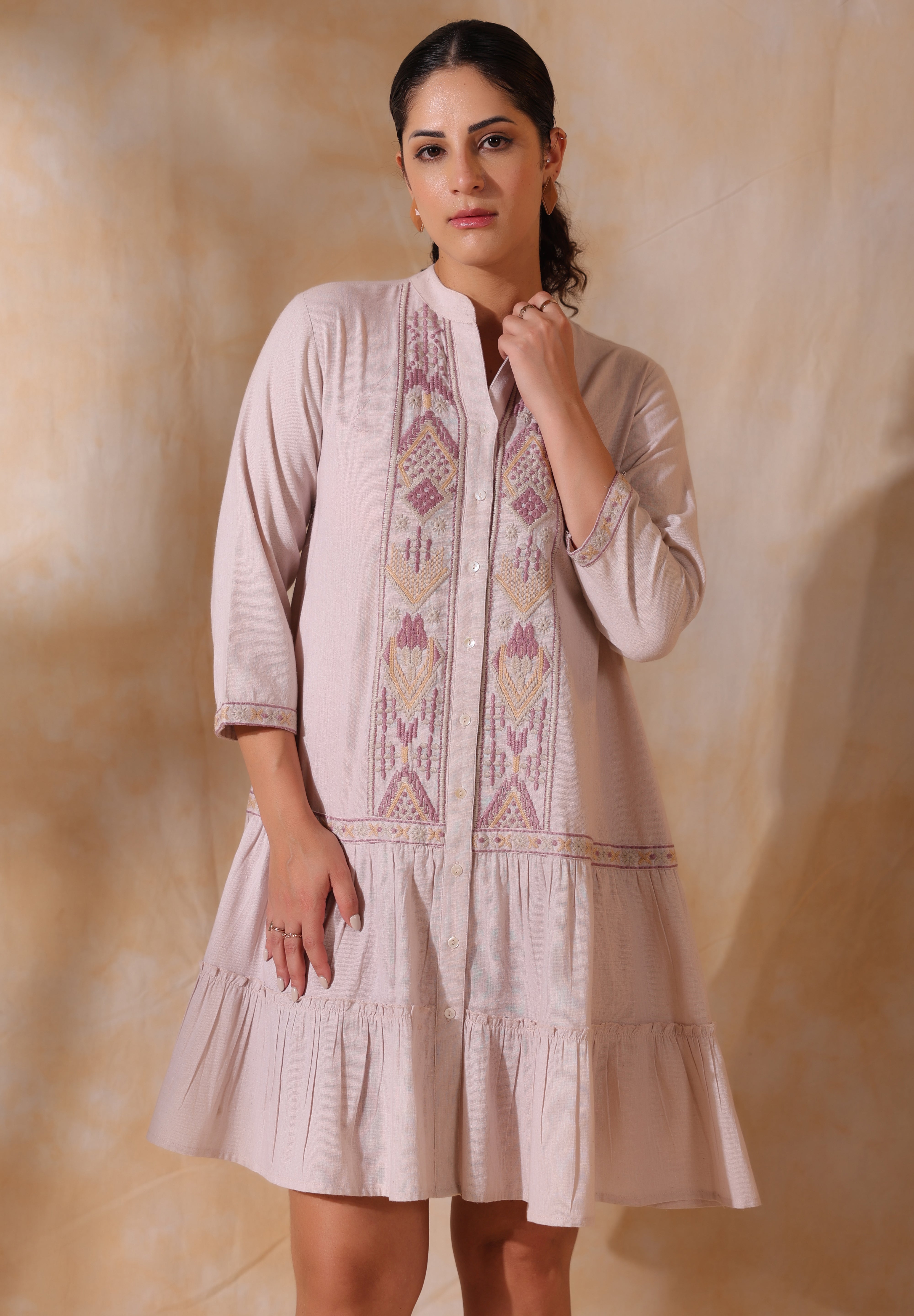 Women Rose Pink Cotton Flex Linen Embroidery Fril Dress