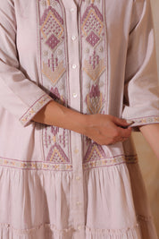 Women Rose Pink Cotton Flex Linen Embroidery Fril Dress