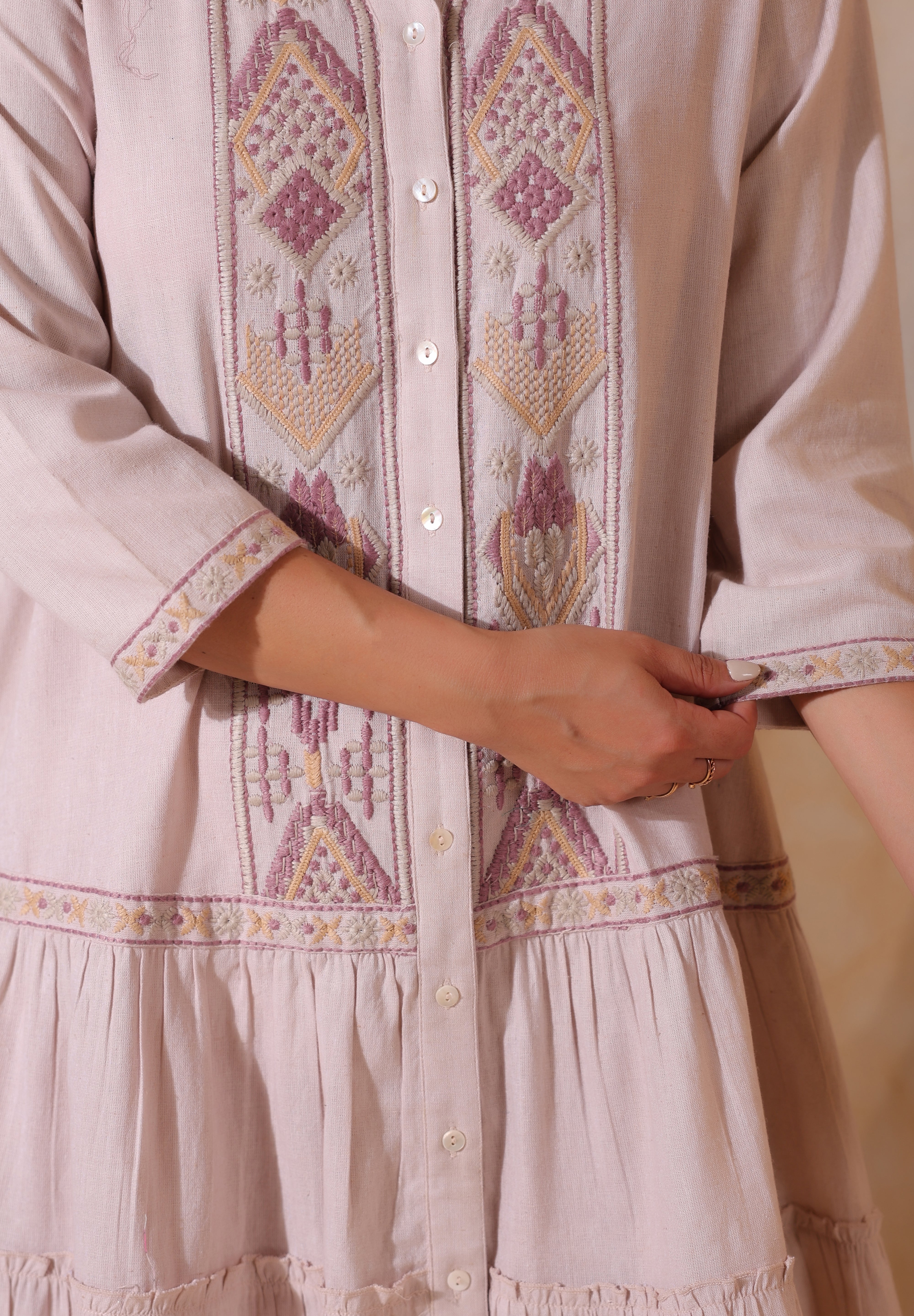 Women Rose Pink Cotton Flex Linen Embroidery Fril Dress
