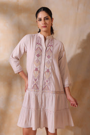 Women Rose Pink Cotton Flex Linen Embroidery Fril Dress