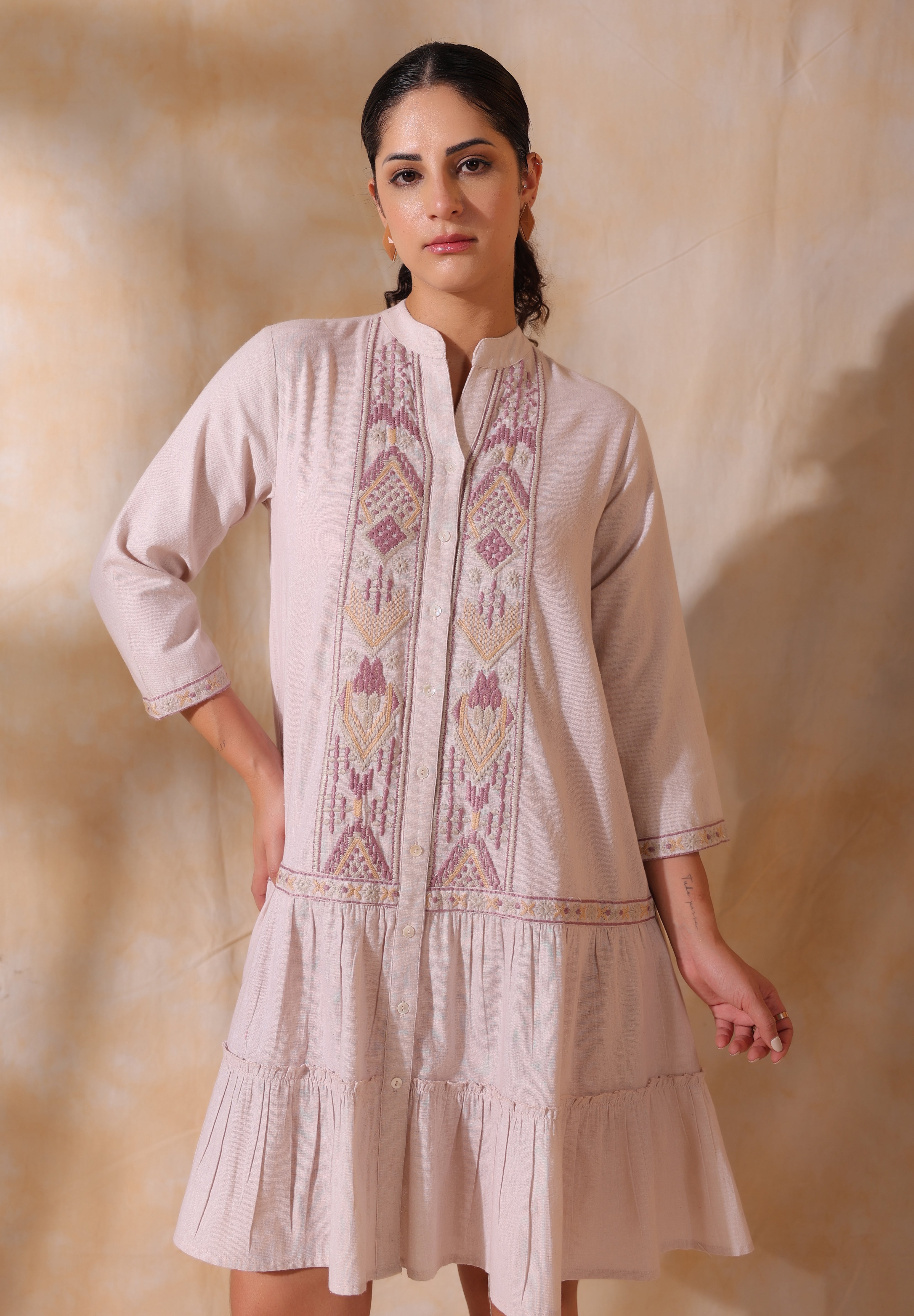 Women Rose Pink Cotton Flex Linen Embroidery Fril Dress