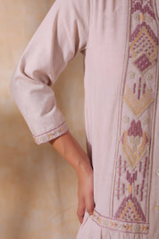 Women Rose Pink Cotton Flex Linen Embroidery Fril Dress