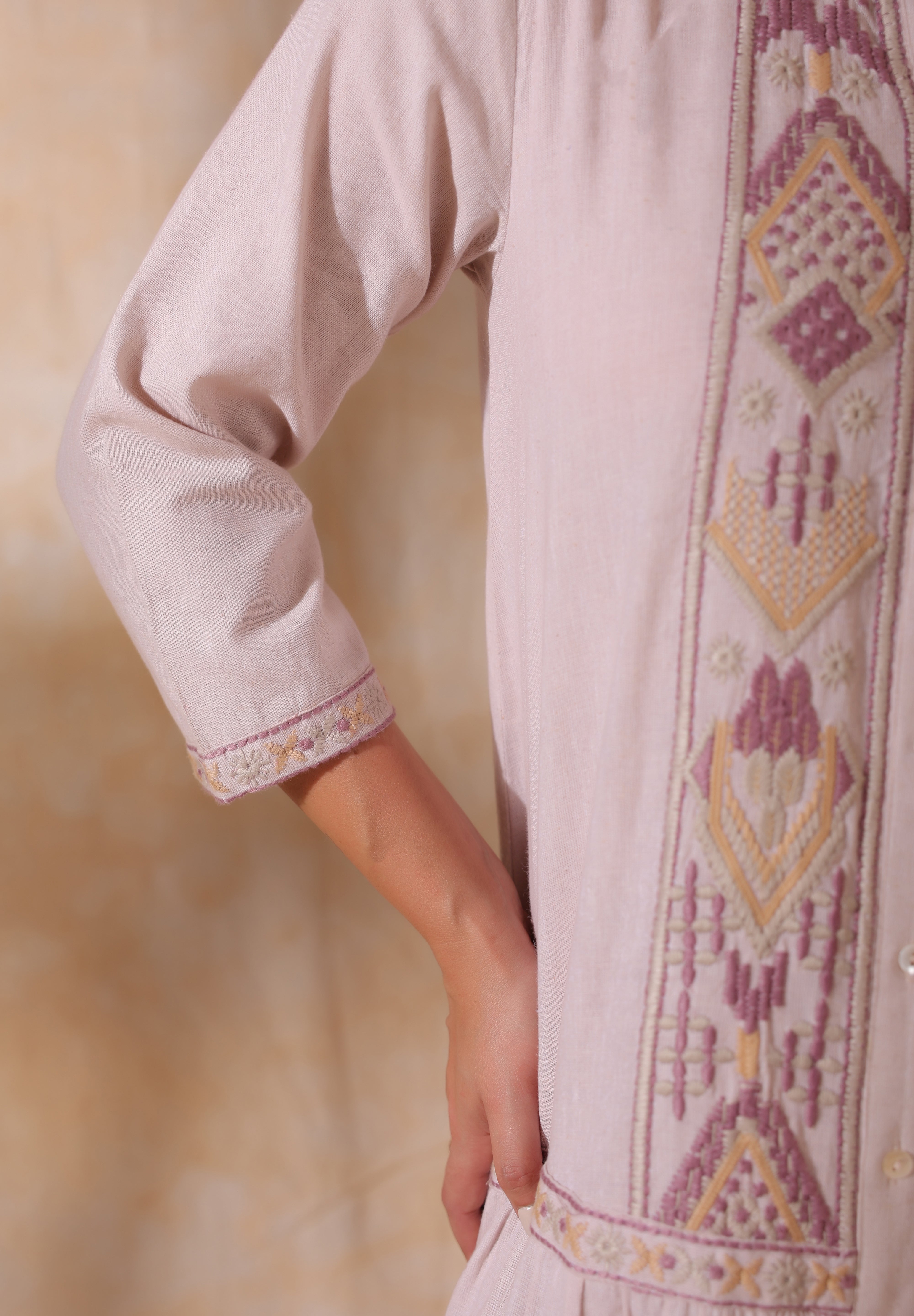 Women Rose Pink Cotton Flex Linen Embroidery Fril Dress
