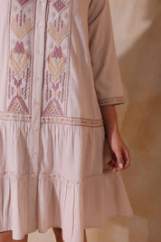 Women Rose Pink Cotton Flex Linen Embroidery Fril Dress