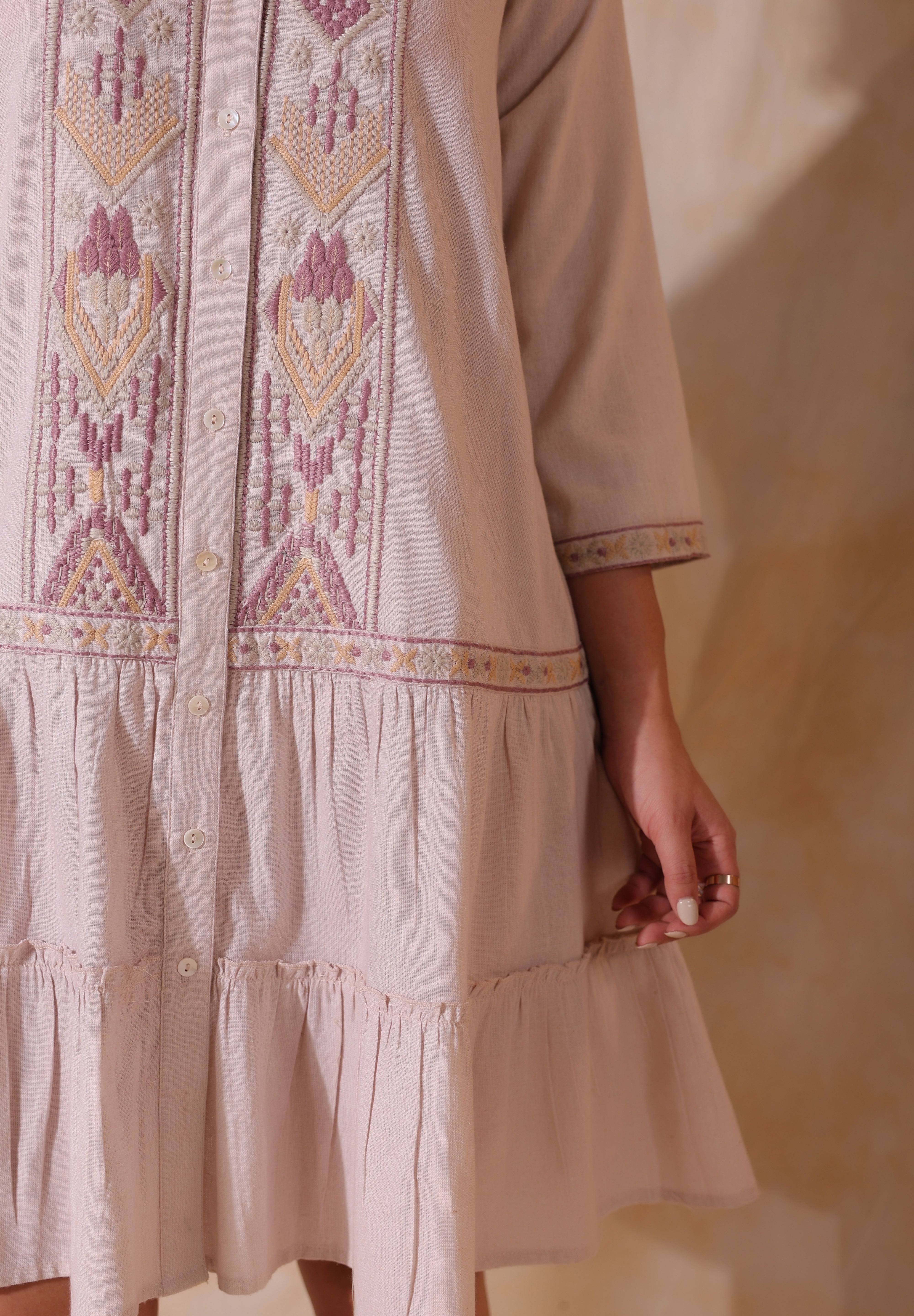 Women Rose Pink Cotton Flex Linen Embroidery Fril Dress