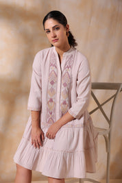 Women Rose Pink Cotton Flex Linen Embroidery Fril Dress