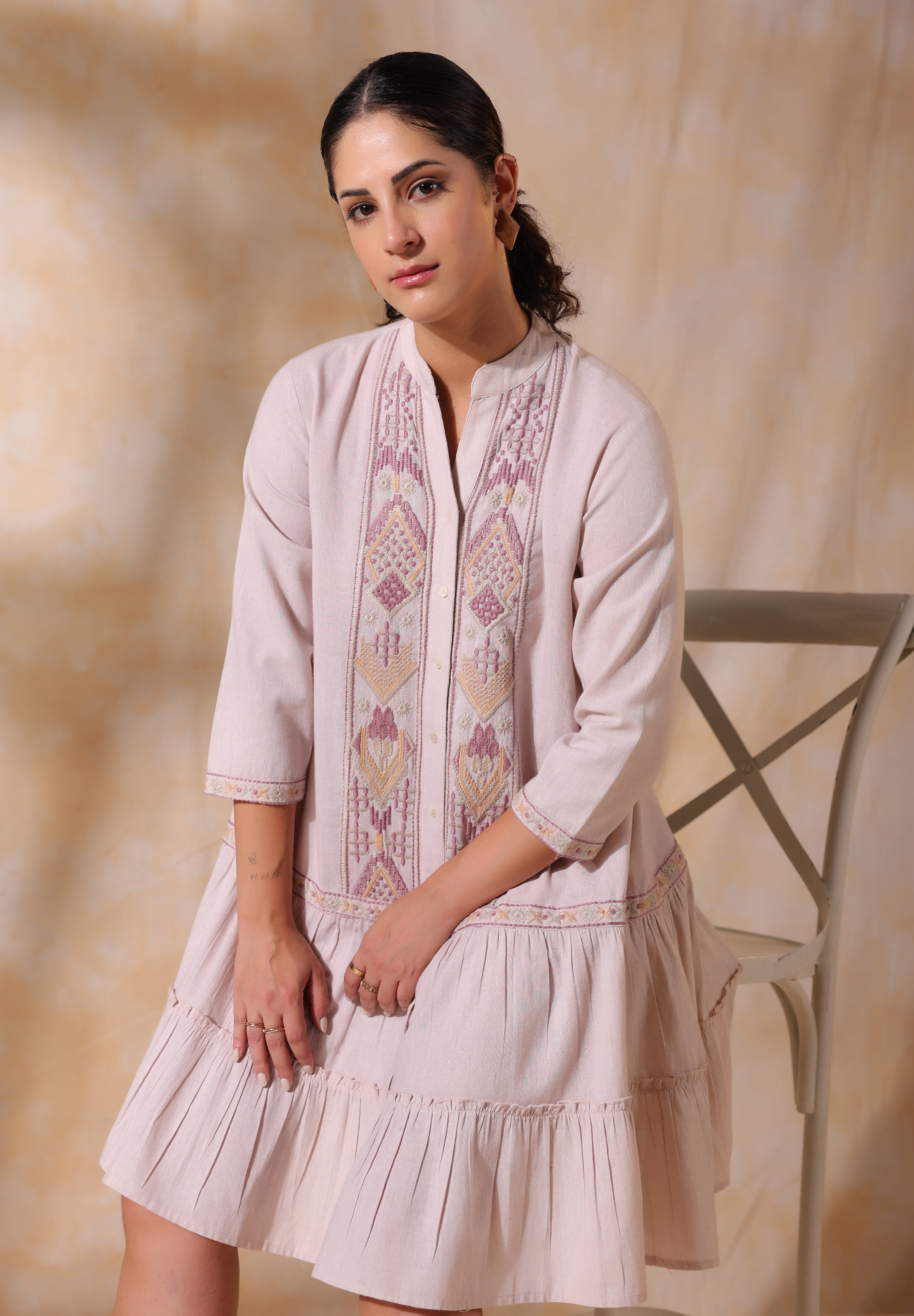 Women Rose Pink Cotton Flex Linen Embroidery Fril Dress