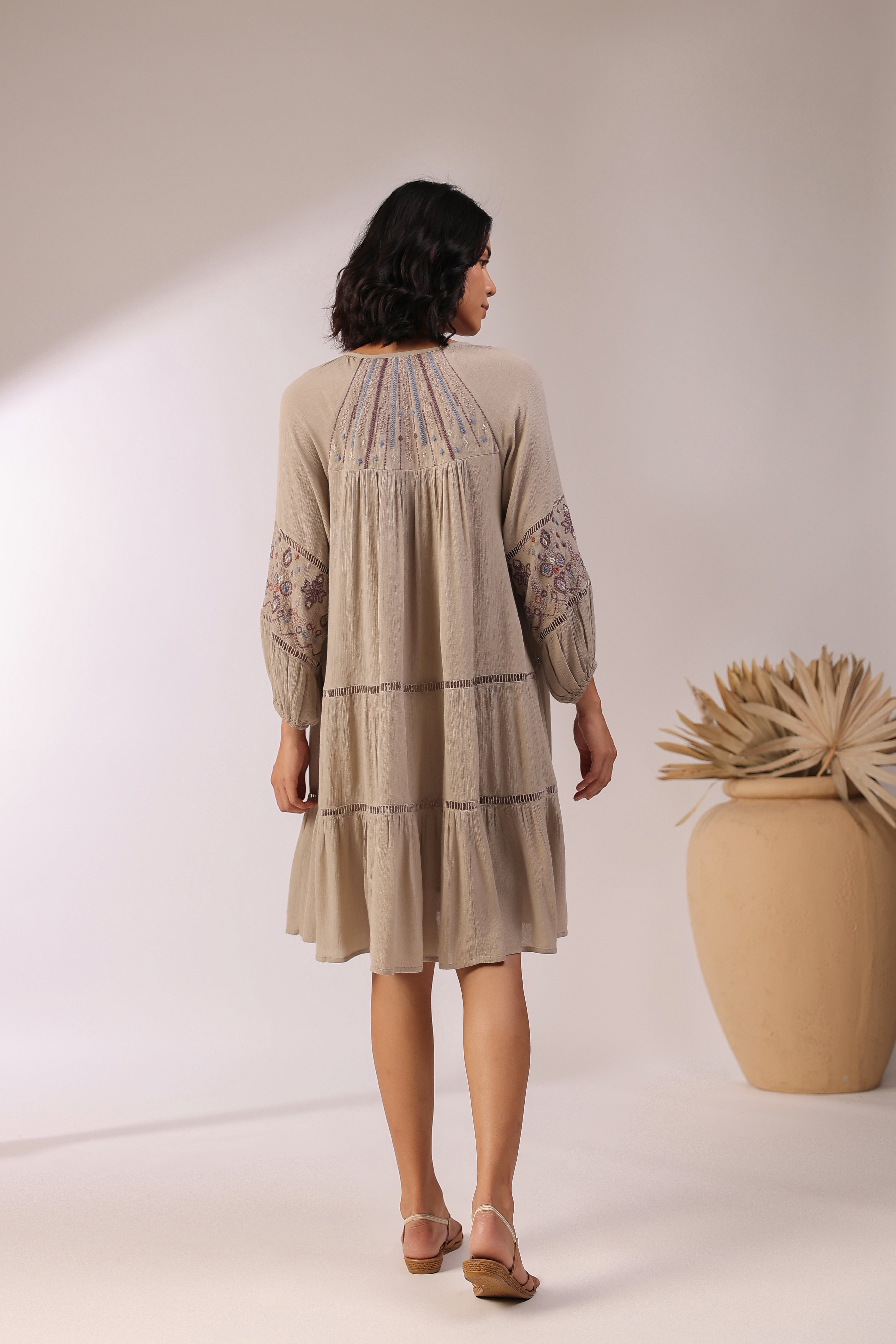Women Khaki  Embroidered Dori & Tassels Peplum Dress