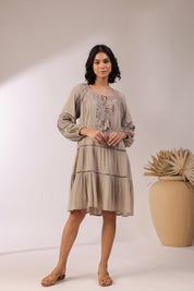 Women Khaki  Embroidered Dori & Tassels Peplum Dress