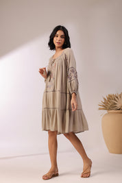 Women Khaki  Embroidered Dori & Tassels Peplum Dress