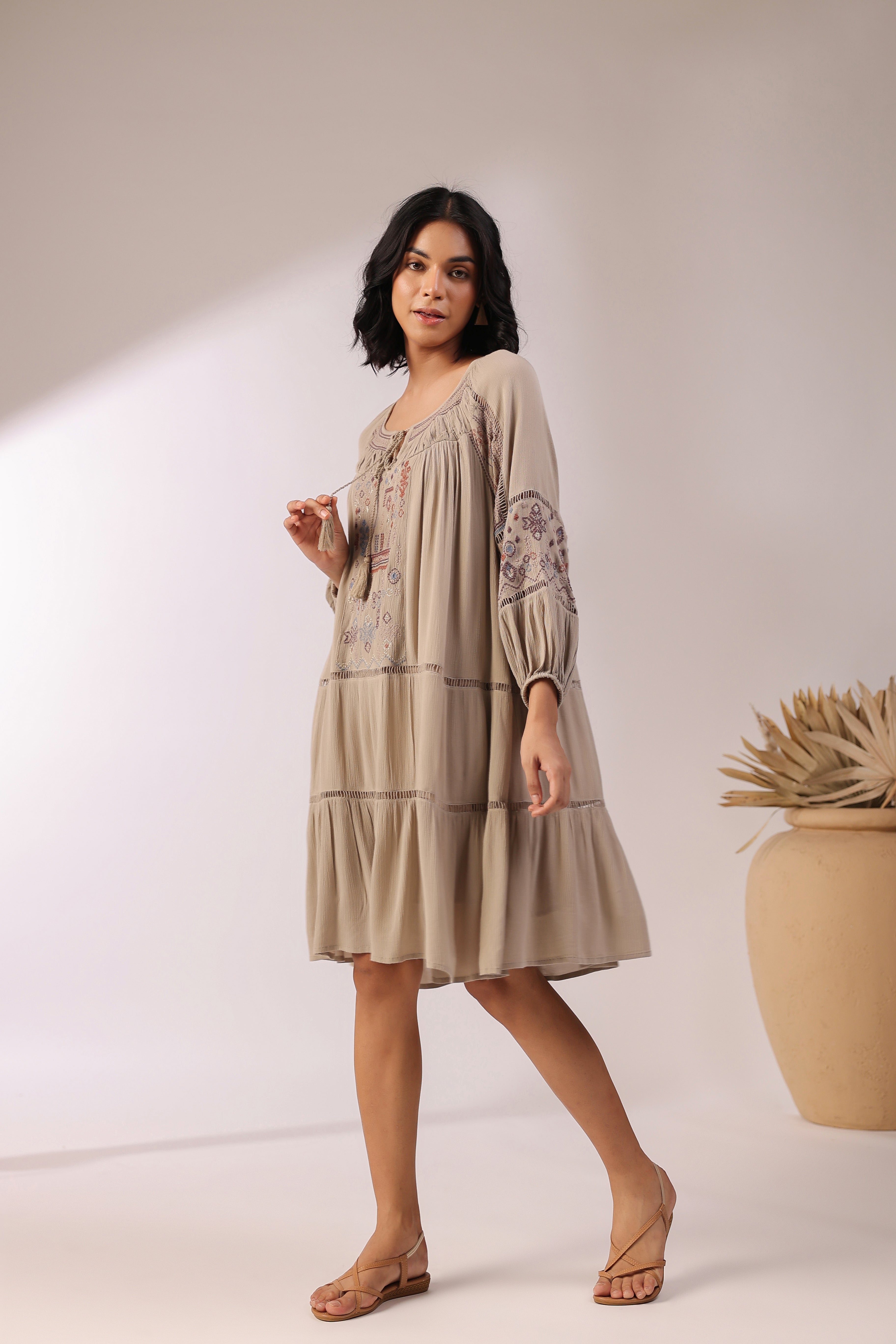 Women Khaki  Embroidered Dori & Tassels Peplum Dress