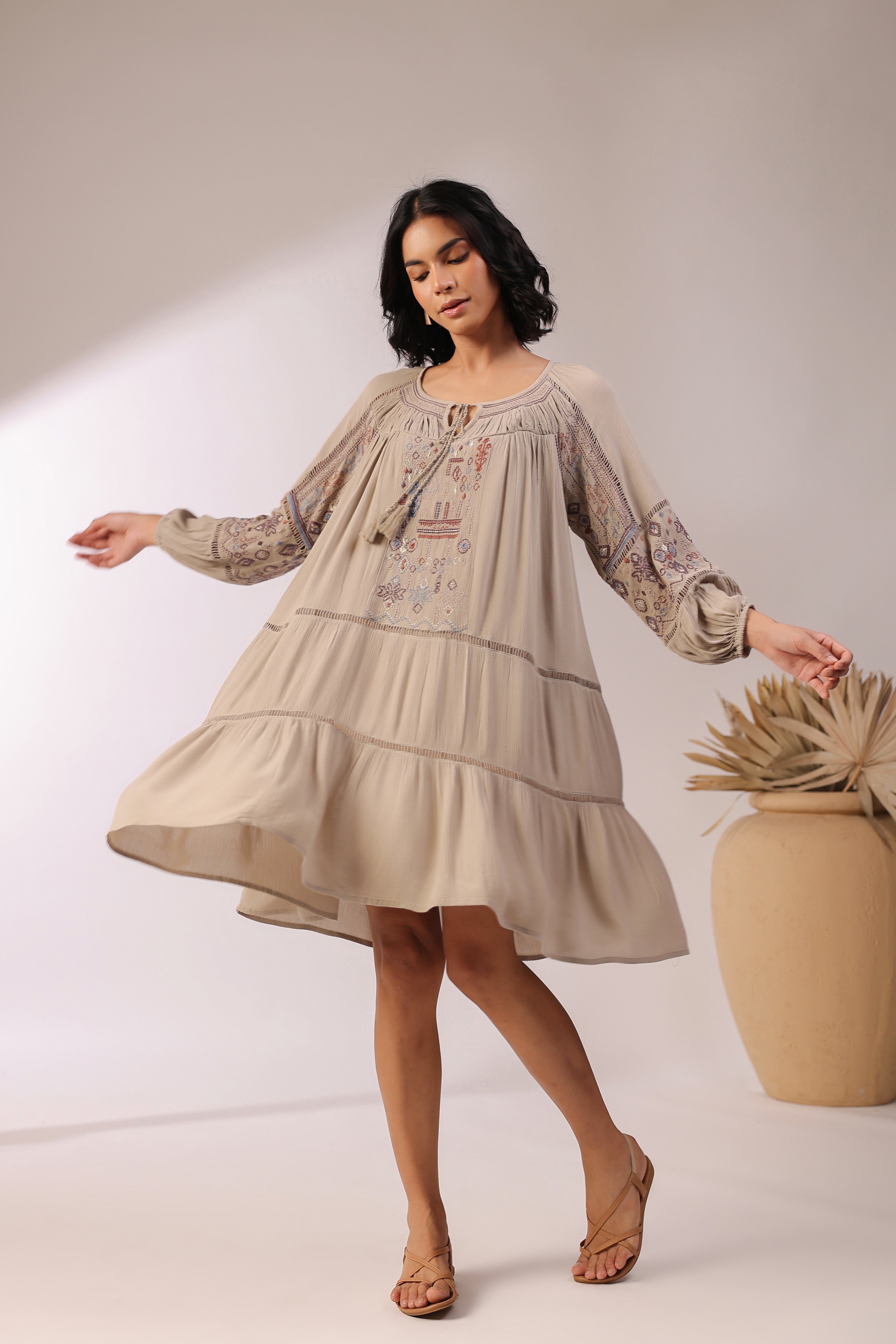 Women Khaki  Embroidered Dori & Tassels Peplum Dress
