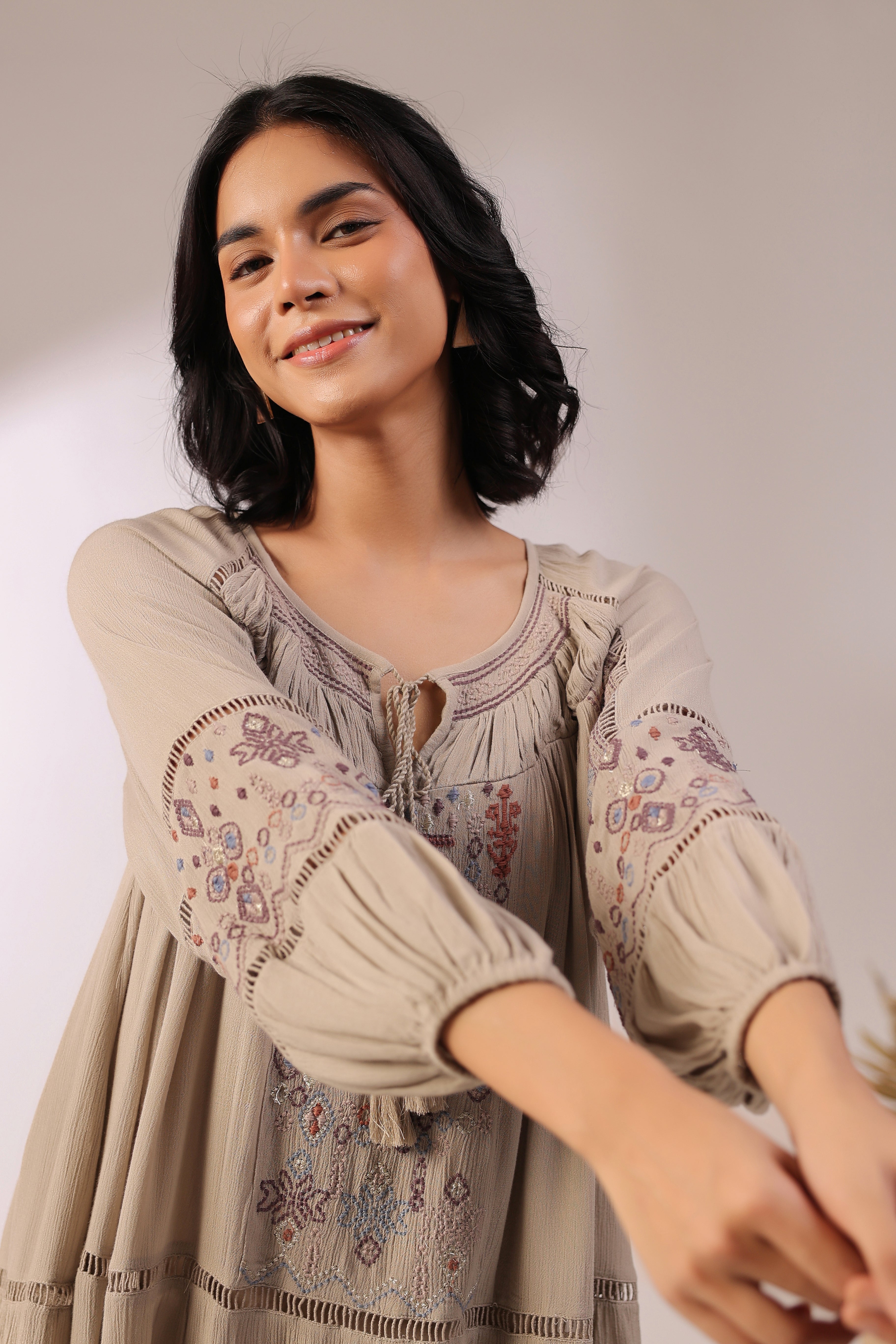 Women Khaki  Embroidered Dori & Tassels Peplum Dress