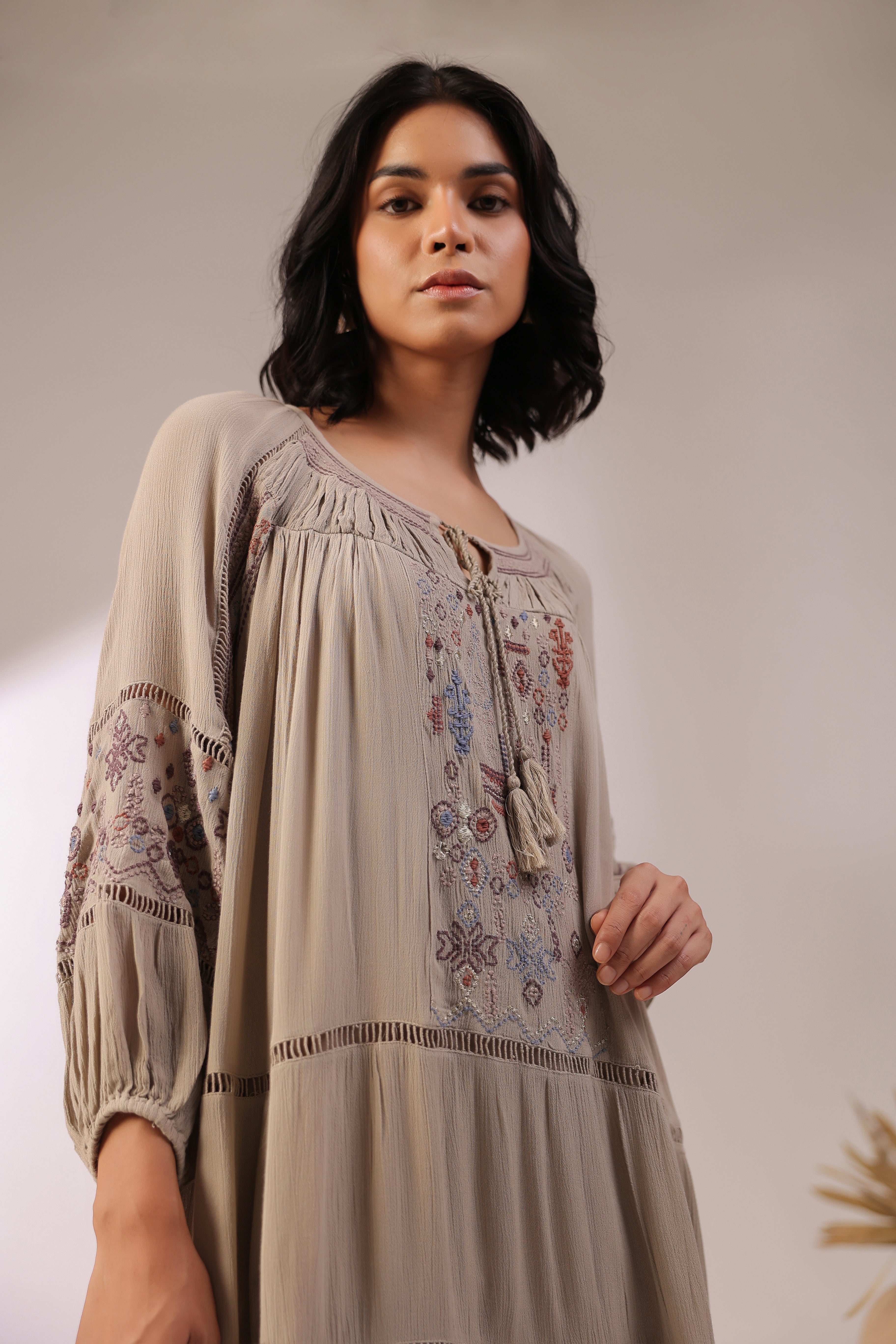 Women Khaki  Embroidered Dori & Tassels Peplum Dress