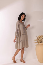 Women Khaki  Embroidered Dori & Tassels Peplum Dress