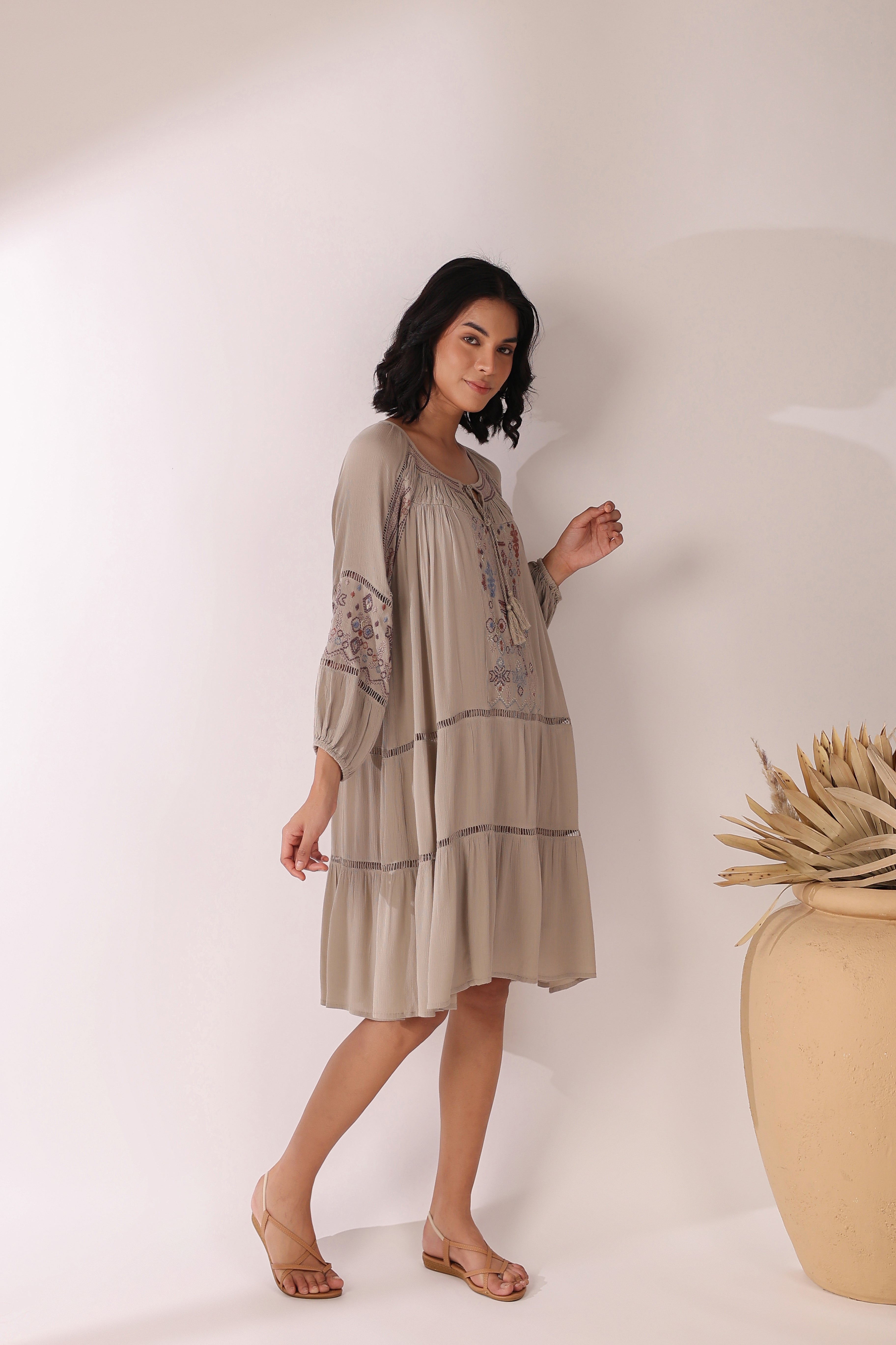 Women Khaki  Embroidered Dori & Tassels Peplum Dress