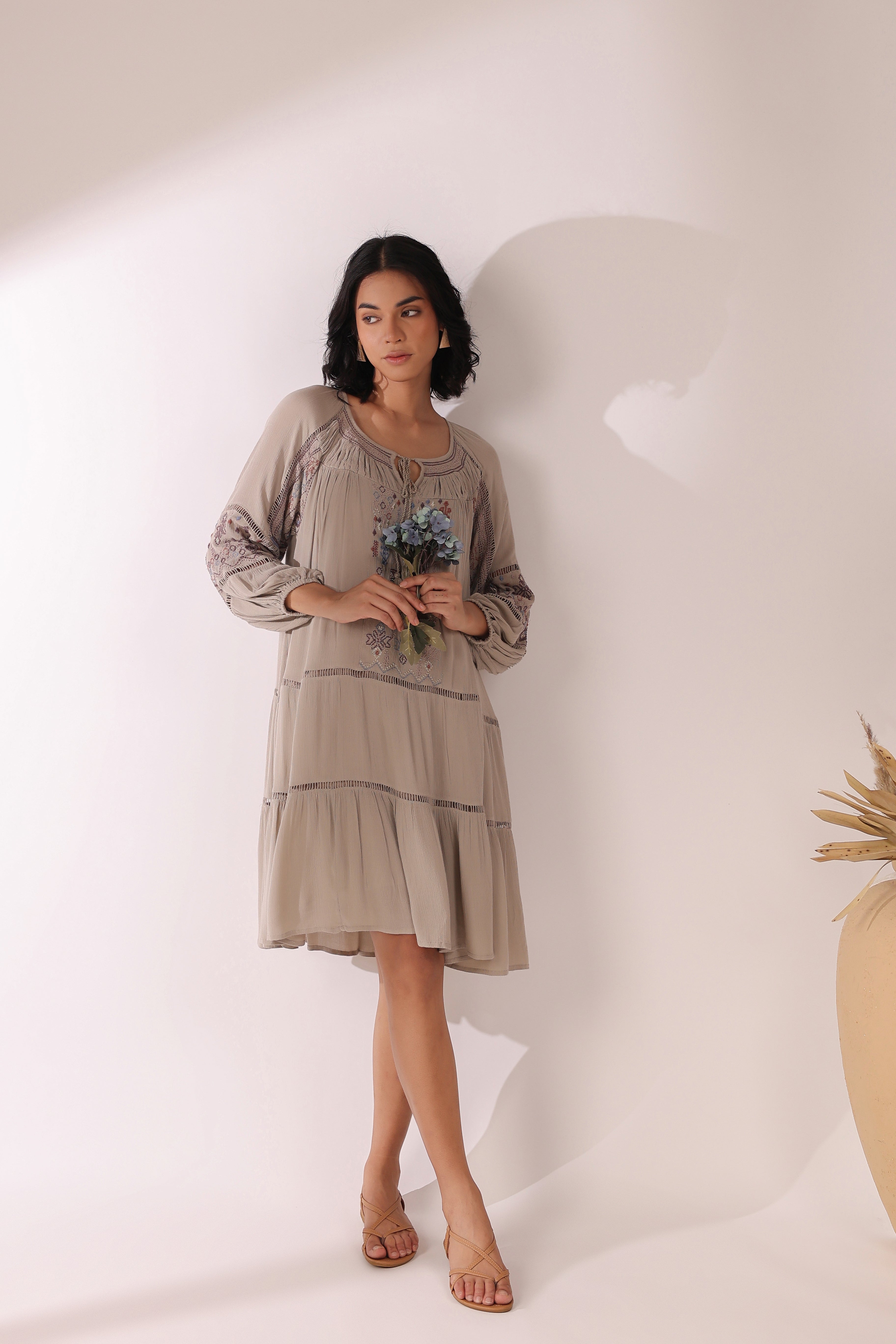 Women Khaki  Embroidered Dori & Tassels Peplum Dress