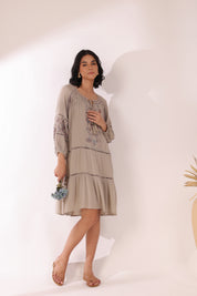 Women Khaki  Embroidered Dori & Tassels Peplum Dress