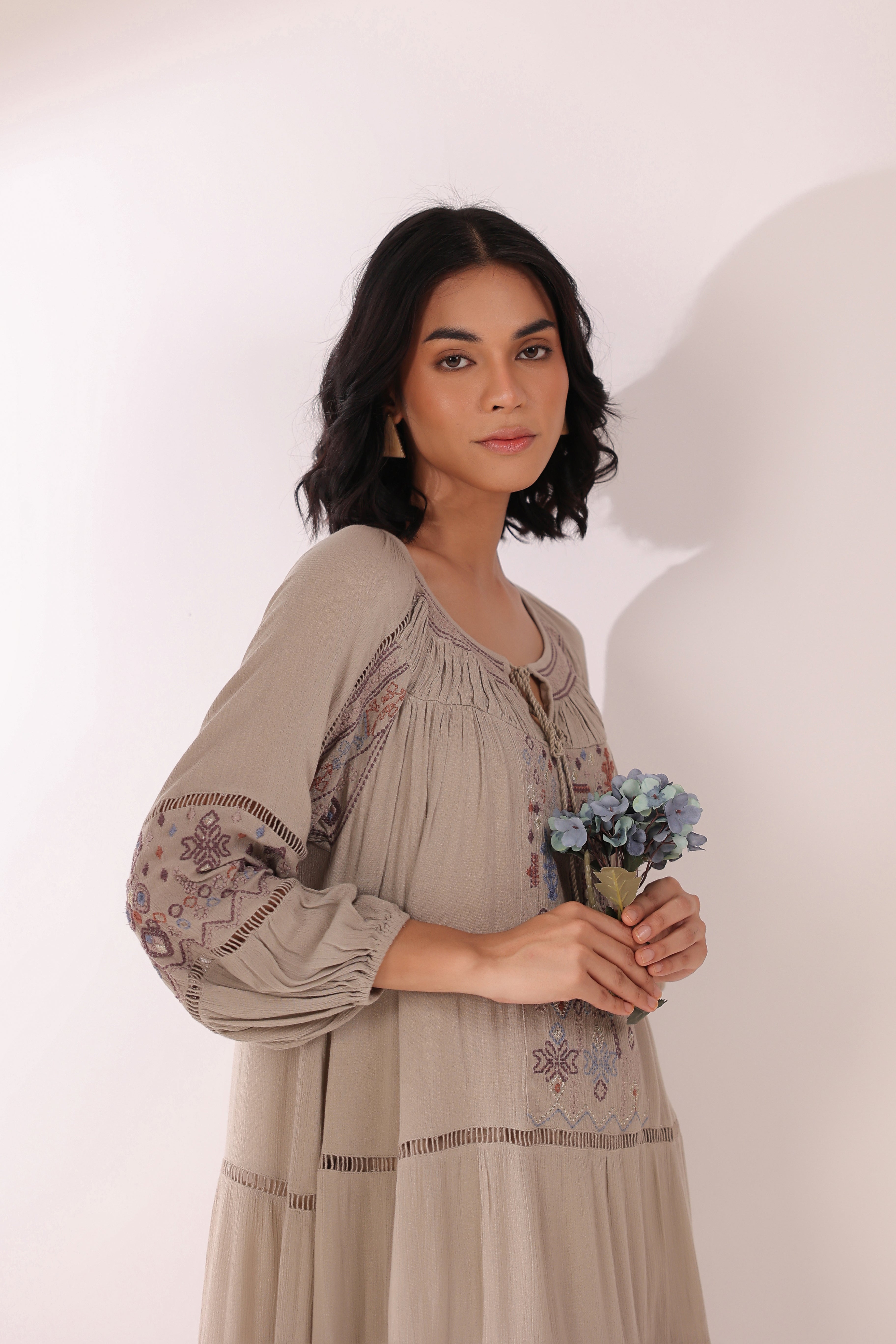 Women Khaki  Embroidered Dori & Tassels Peplum Dress