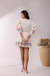 Women White Cotton Dobby Embroidered Top With Dori & Tassel