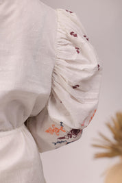 Women White Cotton Dobby Embroidered Top With Dori & Tassel