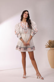 Women White Cotton Dobby Embroidered Top With Dori & Tassel