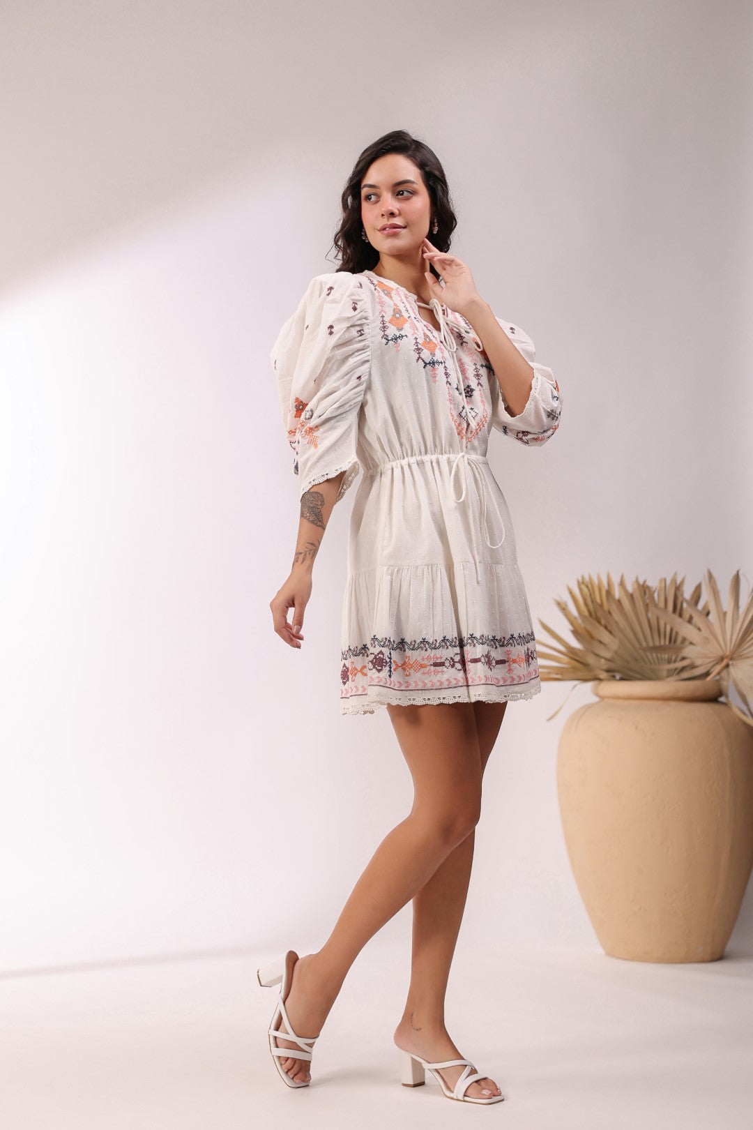 Women White Cotton Dobby Embroidered Top With Dori & Tassel