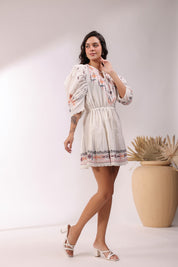 Women White Cotton Dobby Embroidered Top With Dori & Tassel