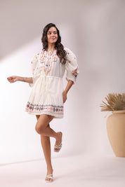 Women White Cotton Dobby Embroidered Top With Dori & Tassel