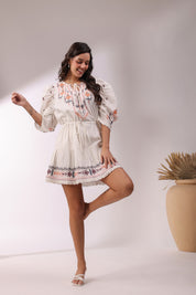Women White Cotton Dobby Embroidered Top With Dori & Tassel