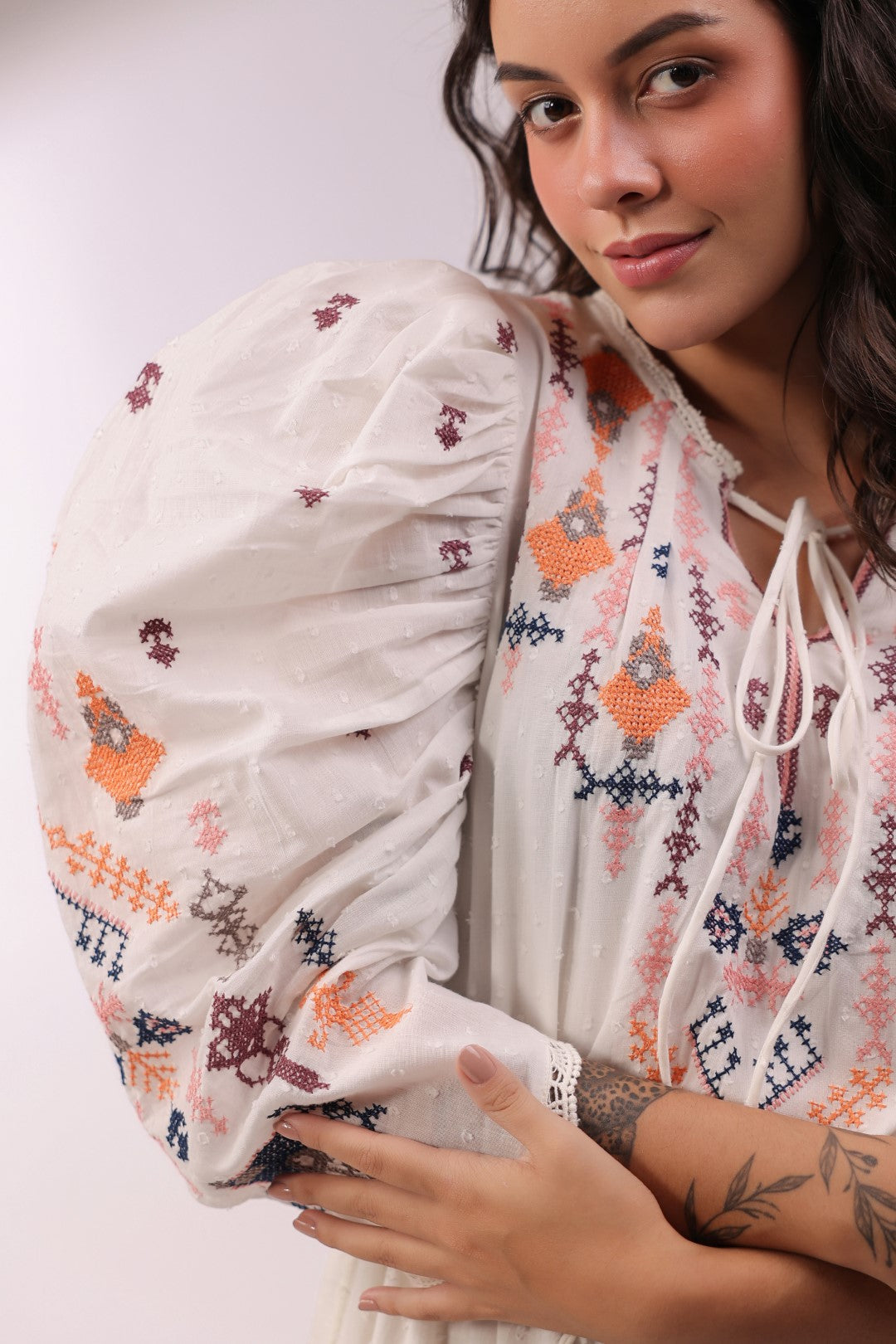 Women White Cotton Dobby Embroidered Top With Dori & Tassel