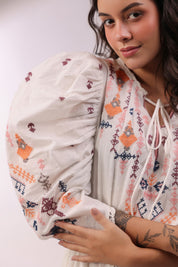 Women White Cotton Dobby Embroidered Top With Dori & Tassel