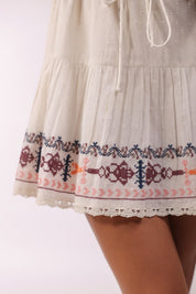 Women White Cotton Dobby Embroidered Top With Dori & Tassel