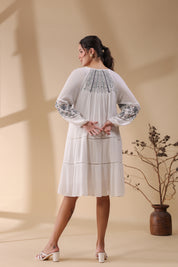 Women White Embroidered Dori & Tassels Peplum Dress