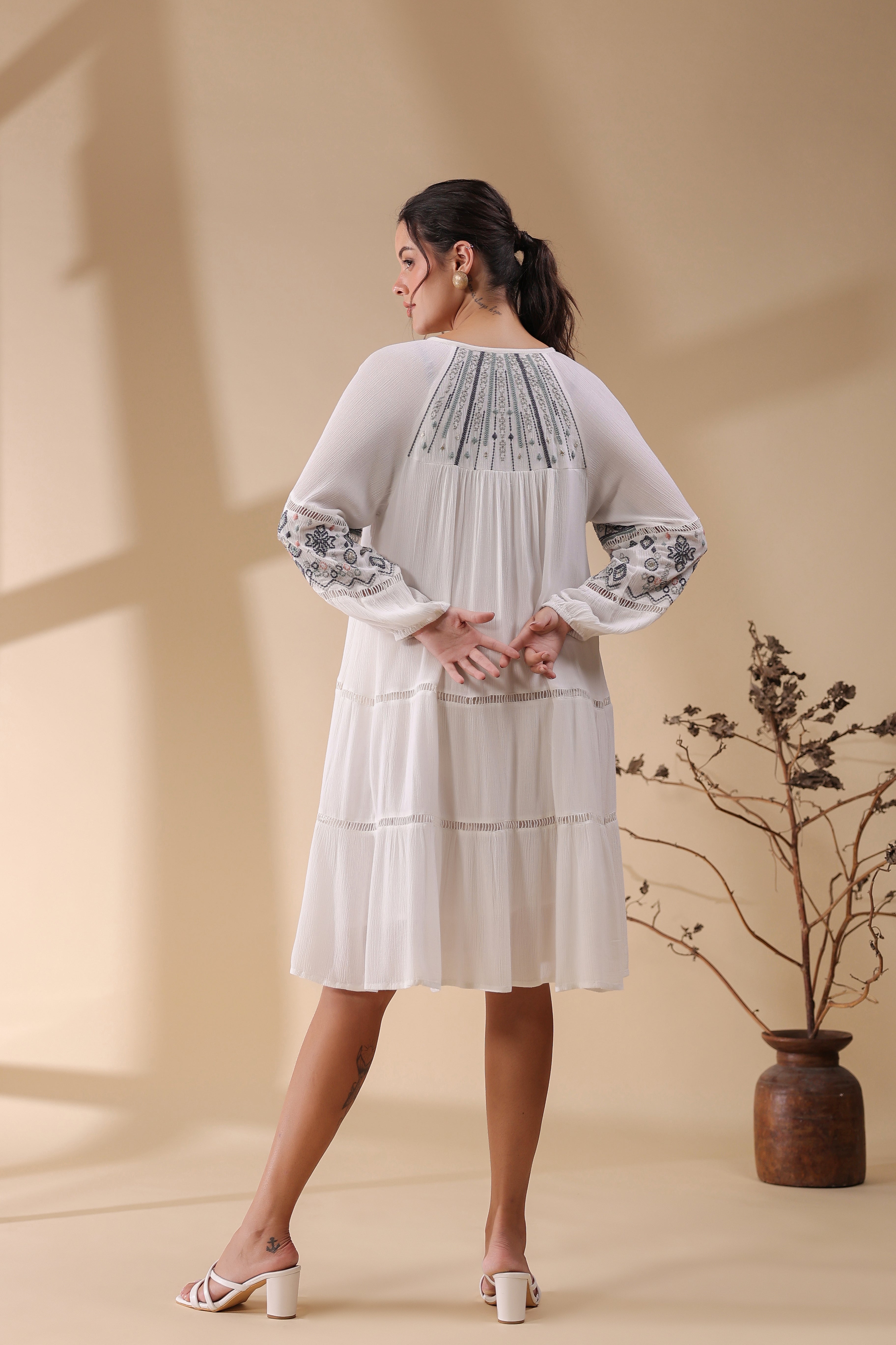 Women White Embroidered Dori & Tassels Peplum Dress