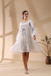 Women White Embroidered Dori & Tassels Peplum Dress
